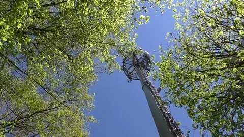 Pan: A mobile tower next to trees with green leaves and clear blue sky above Stock Footage 76770499