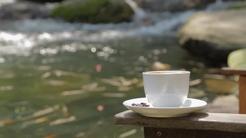 Pan motion effect of a cup of coffee near by the water fall. Stock Footage 104172629