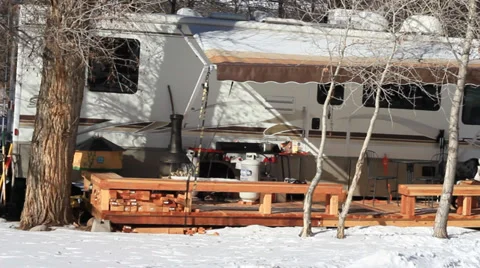 Pan of Motorhome in the winter. Stock Footage 34335717