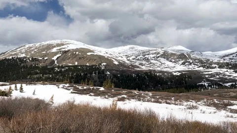 Pan-Mt Evans to Mt Spalding to Sawtooth Peak Snow melting patches of Stock Footage 76630947