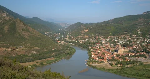 Pan from Mtskheta to Jvari Monastery, a 6th century Georgian Orthodox monastery  Stock Footage 104252213