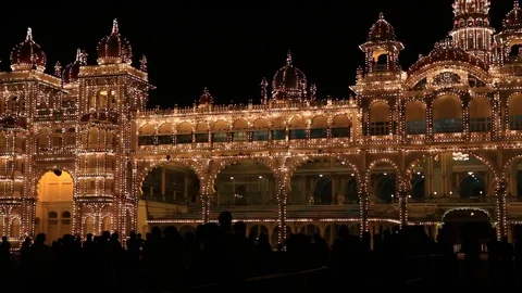 Pan of Mysore Palace Lights at Night in India Video stock 108594830