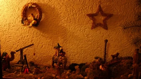 Pan: nativity scene with camel and elephant, shepherds, crèche, Christmas Stock Footage 230319997