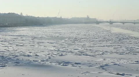 PAN: Neva river in winter, St. Petersburg, Russia Stock Footage 10730024