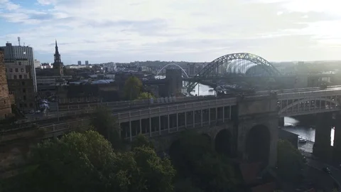 Pan of Newcastle bridges Stock Footage 80990115