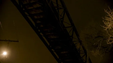 Pan from night sky to barren tree to bridge in silhouette Stock Footage 89945477