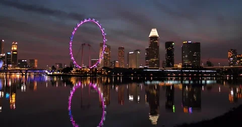 Pan night view of Flyer wheel Singapore Stock Footage 157542491