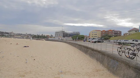A pan from the north side of bondi beach and a view of the pavillion promenade Stock Footage 36734429
