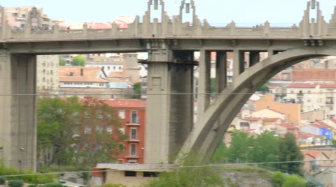 Pan on old bridge over ravine in the city centre Stock Footage 47977810