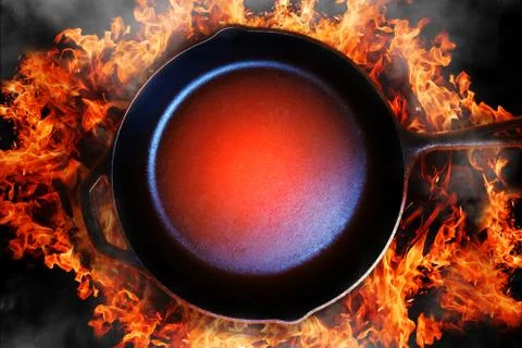 Pan on open fire. Flat view. Concept of stylish cooking, barbecue catering Photos