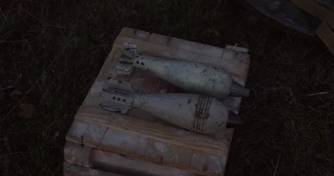 Pan over bombs with warheads Stock Footage 129566231