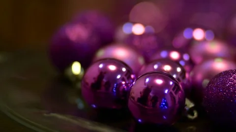 Pan Over Christmas Tree Decorations, Tree Lights Reflecting On Globes Stock Footage 82231653