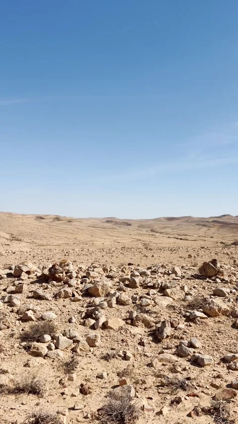 Pan over empty desolate desert terrain in hot summer day filmed with phone ugc Video stock 333899613
