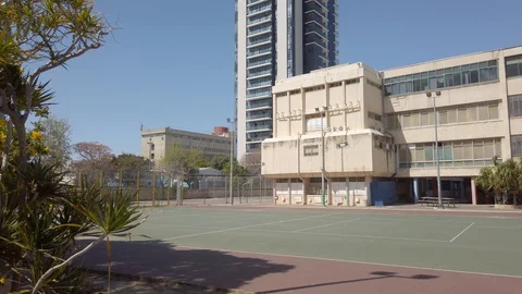 Pan over an empty school yard during summer break, recess or weekend - no kids Video stock 128087726