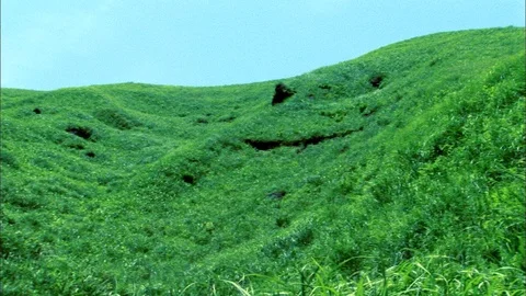 Pan over green grass covered hill in Japan 스톡 동영상 86904521
