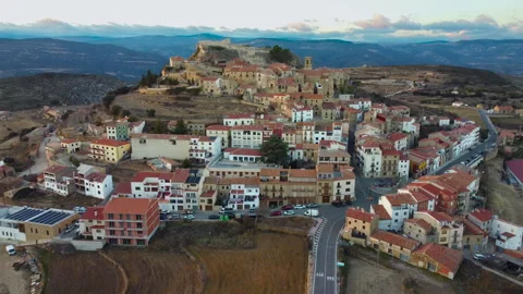 A pan over the mountain town called Culla, in Castellon inland Stock Footage 264115582