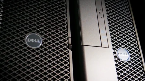 Pan over new Dell Precision computer workstation server Stock Footage 112811951
