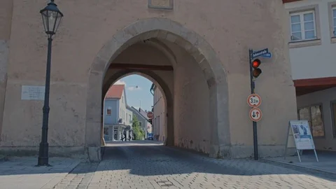 Pan over a old tower on the city wall of Gunzenhausen, Bavaria Stock Footage 74313510