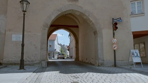 Pan over a old tower on the city wall of Gunzenhausen, Bavaria Stock Footage 74313848