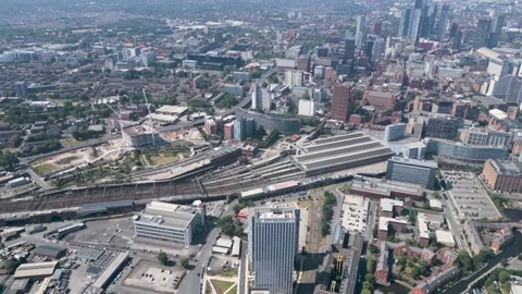 Pan over piccadilly train station aerial shot Manchester 스톡 동영상 341988268