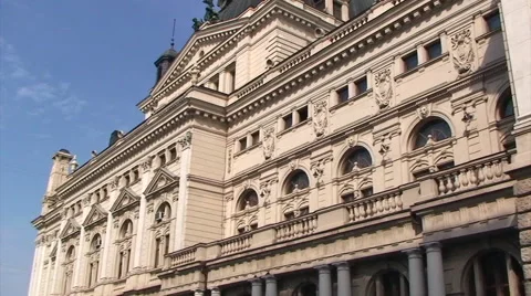 Pan over the side of the Opera House of Lviv Stock Footage 52030527