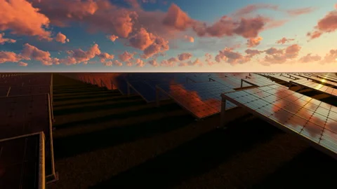 Pan over solar panel at sunset Stock Footage 152898625