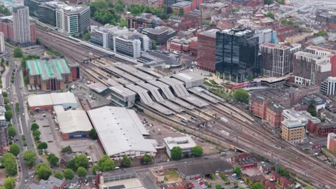 Pan over station higher Aerial shot of Reading Central Berkshire Stock-Footage 336336161
