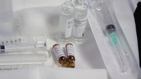 Pan Over A Sterile Tray With Vials, Syringes And Medicines, Clinic, Hospital Stock Footage 46000857