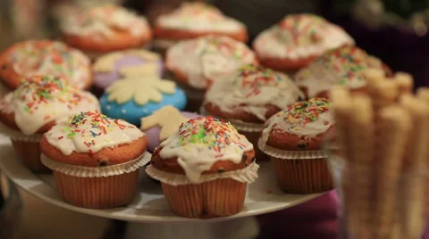 Pan over a sweet section (dessert) of a buffet Stock Footage 40834203