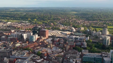 Pan Over Town Centre Reading Aerial shot UK Stock-Footage 336336096