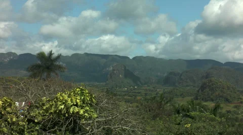 Pan over Valle de Viñales (vinales valley) and mogotes cliffs in cuba Stock Footage 37646025