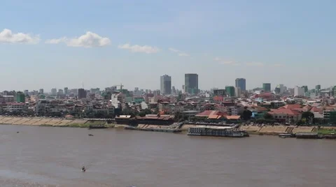 Pan of Phnom Penh high angle from across Tonle Sap river Stock Footage 48268719