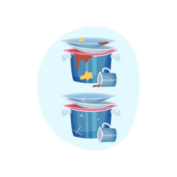 Pan with plates inside. Vector illustration on blue oval shape background. Stock Illustration