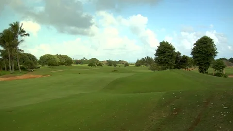 Pan of pondside golf course Stock Footage 125340704