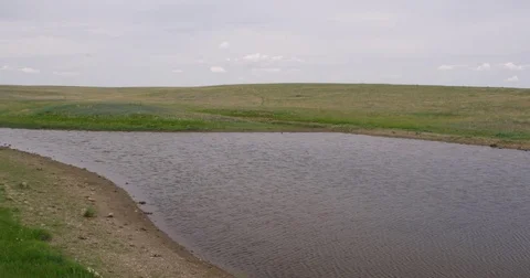 Pan prairie pond on windy spring day Stock Footage 82181475