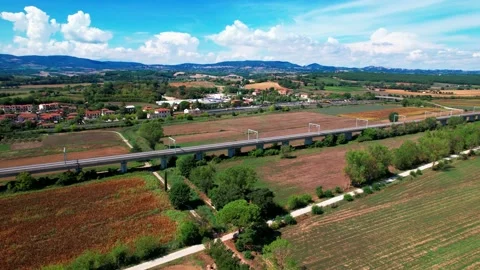 Pan Rail line drone flight view-Valdichiana valley 4K Tuscany Italy Stock Footage 237875327