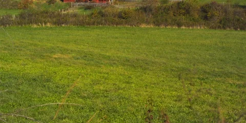 Pan up to Red barn on a farm Stock Footage 103783308