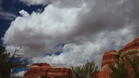 Pan of red rock formations, Arches National Park, blue sky, white clouds, trees Stock Footage 41854973