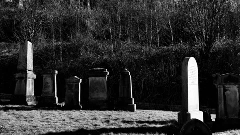 Pan up to reveal an old building inside a cemetery Stock Footage 171831154