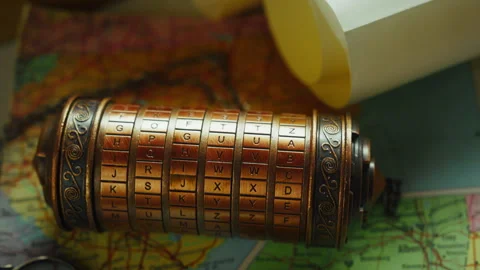 Pan Up Reveals Cryptex Puzzle with Map and Compass, Treasure Hunt Concept Stock Footage 334115319