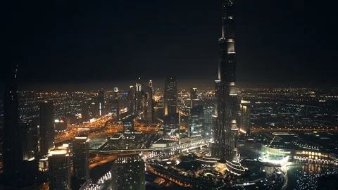 Pan right at 300m, from Sheikh Zayed Road, past Burj Khalifa, to Downtown Dubai, Stock Footage 98979070