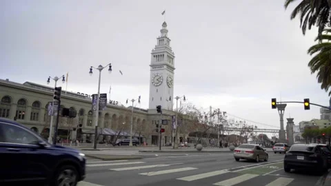 Pan right across historic Ferry Building on the Embarcadero in San Stock Footage 233257514