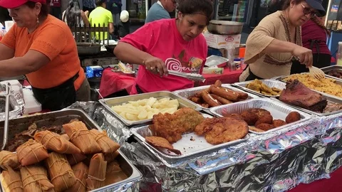 Pan Right Across Trays of Central American Food Stock Footage 76140101