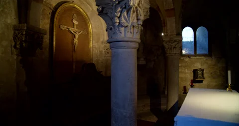 Pan from Right of Altar to Rear of Crypt at Basilica of San Michele Maggiore Stock Footage 203904282