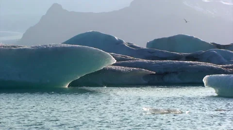 Pan right on back lit icebergs on the moraine dammed lake Stock Footage 37912795