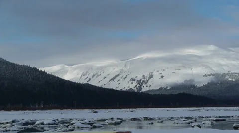 Pan Right Broken Ice River, Distant Snowy Mountain Range Stock Footage 38053388