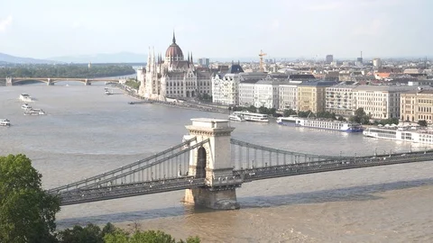 Pan right clip of chain bridge on the river danube in budapest Stock Footage 121554517