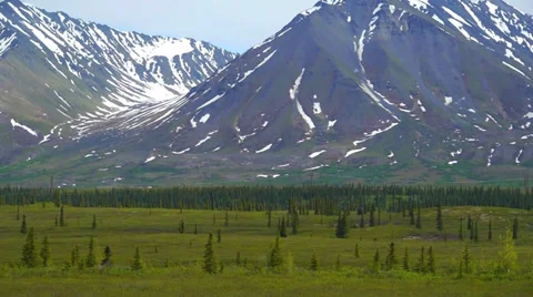 Pan Right Close Snow Capped Mountain Range with Green Field Stock Footage 37402179