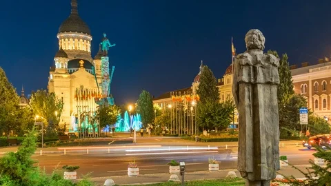 Pan right: Cluj-Napoca- Dormition of the Theotokos Cathedral, Avram Iancu Square Stock Footage 120282680
