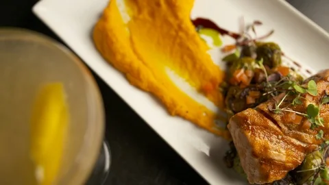 Pan right of cocktail to salmon  Stock Footage 112575889